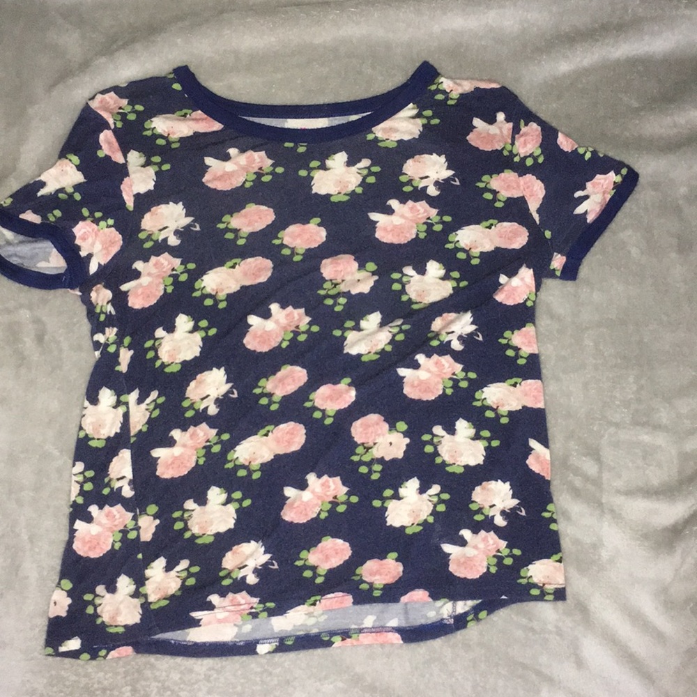 Navy Blue floral print shirt.